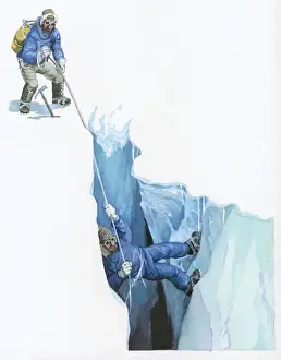 Illustration of Tenzig Norgay helping Edmund Hilary on their ascent to Mt Everest by securing safety rope at top of crevasse