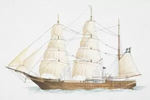 Illustration, three-mast wooden sailing ship flying the Swedish flag, side view