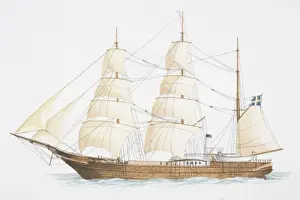 Mast Prints: Illustration, three-mast wooden sailing ship flying the Swedish flag, side view