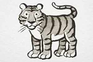Safari Animals Gallery: Illustration, Tiger cub standing with its tail curled up, side view