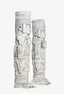 Ancient Civilisations Prints: Illustration of Toltec warrior columns, Tula, Hidalgo