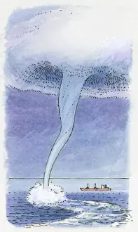 Risk Prints: Illustration of tornado, a thin condensation funnel reaching from cloud to sea with ship in background
