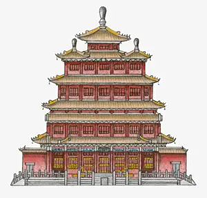 Pavilion Prints: Illustration of traditional Chinese storied pavilion
