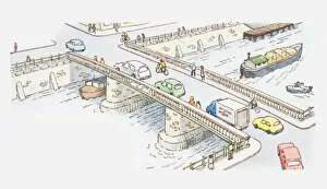 Incidental People Collection: Illustration of traffic on a bridge and ships on river
