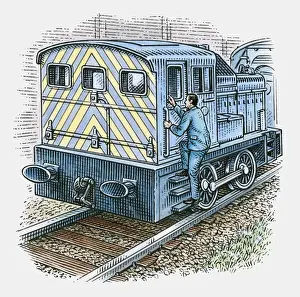 One Mid Adult Man Only Prints: Illustration of train engineer moving up steps to engine door