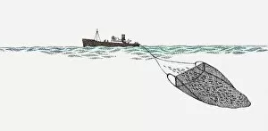 Fishing Industry Gallery: Illustration of trawler at sea dragging fishing net to catch fish
