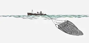 Catching Prints: Illustration of trawler at sea dragging fishing net to catch fish