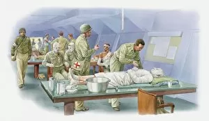 Illustration of treament of burns patients wrapped in bandages during World War Two