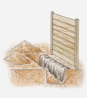 Trench Prints: Illustration of trench lined with polythene to make a weed barrier