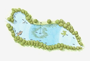Images Dated 16th May 2011: Illustration of trout lake fed by stream and spring, with tree-lined banks