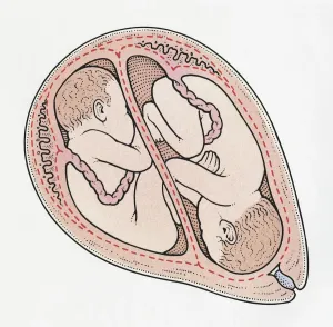 Uterus Prints: Illustration of twin foetuses in cross section of human uterus