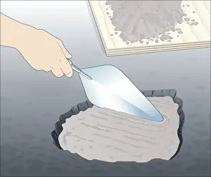 Filling Prints: Illustration of using masonry trowel to repair hole in asphalt path with concrete