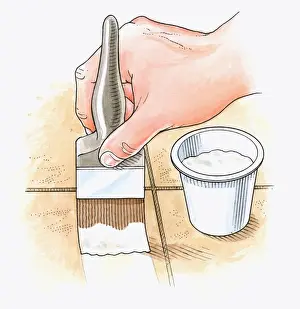 Paving Stone Prints: Illustration of using paintbrush and pot of natural yoghurt to age patio paving slabs