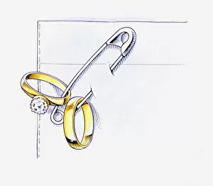Illustration of using safety pin to secure wedding rings to fabric to avoid losing