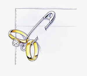 Resourceful Prints: Illustration of using safety pin to secure wedding rings to fabric to avoid losing