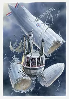 Illustration of USS Shenandoah (ZR-1) as it broke up in the sky during thunderstorm killing all crew in control cabin