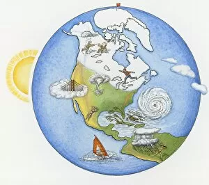 Illustration of various weather conditions in different parts of the world