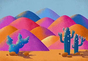 Illustration Vibrant Idyllic Desert Landscape with Saguaro Cactus