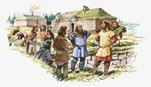 Images Dated 11th March 2010: Illustration of Viking Leif Eriksson talking to men as his crew build houses