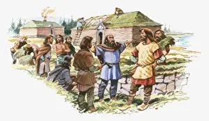 Viking Prints: Illustration of Viking Leif Eriksson talking to men as his crew build houses