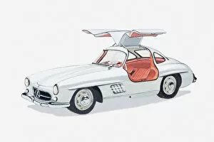 Illustration of vintage Mercedes Gullwing sports car, 1950s