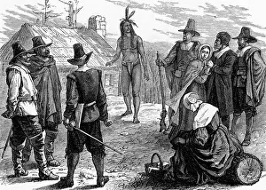 Pilgrim Prints: Illustration of a Visit of Samoset to the Pilgrims of Plymouth Colony