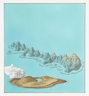 Hawaii Islands Gallery: Illustration of volcanic island of Surtsey (belonging to Iceland) and Hawaiian Islands chain