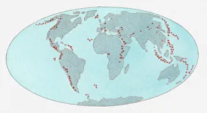 Volcano Collection: Illustration of volcanic zones dotted across the globe