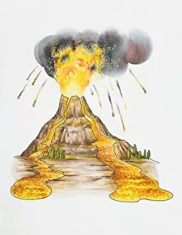 Volcano Collection: Illustration of volcano with ash cloud above erupting, molten lava, and larva flowing below