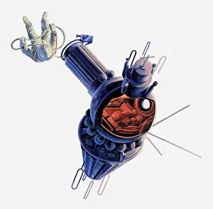 Illustration of Voskhod 2 space capsule with one astronaut inside and the other in space