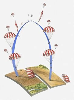 Images Dated 23rd April 2010: Illustration of Vostok 1 astronaut and space capsule landing by parachute
