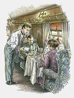 Waiter Prints: Illustration of waiter serving champagne to passengers in luxury train carriage