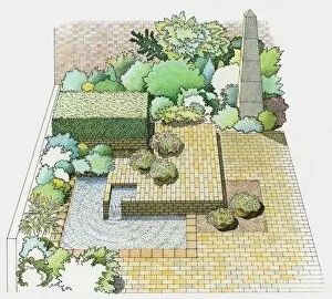 Images Dated 26th February 2010: Illustration of a walled, paved patio garden with pond and sculptural feature
