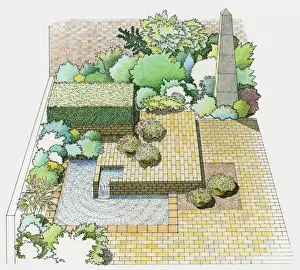 Paving Stone Prints: Illustration of a walled, paved patio garden with pond and sculptural feature