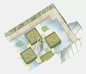 Images Dated 26th February 2010: Illustration of a water feature consisting of fountain, square flower beds, and man-made pond