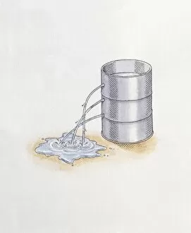 Illustration of water flowing from holes in metal barrel at different heights demonstrating hydrostatic pressure