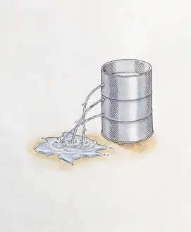 Flowing Water Prints: Illustration of water flowing from holes in metal barrel at different heights demonstrating hydrostatic pressure