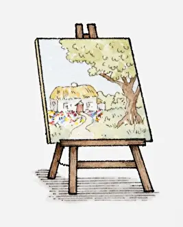 Cottage Prints: Illustration of watercolour painting of thatched cottage on easel