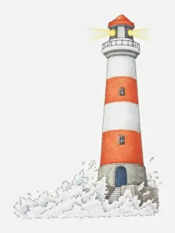 Surf Gallery: Illustration of waves splashing against a lighthouse