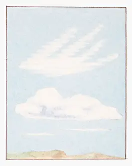 Meteorology Prints: Illustration of white altostratus and cumulus cloud formations in blue sky