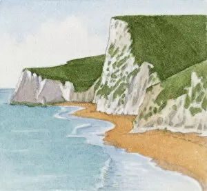 Illustration of white cliffs on coastline and waves on beach
