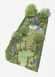 Images Dated 4th April 2011: Illustration of wildflower garden, with trees and shrubs and a pond