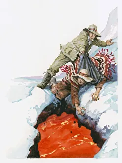Volcano Collection: Illustration of Wilhelm von Humboldt gripping poncho of companion Francisco Jose de Caldas to