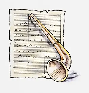 Wind Instrument Prints: Illustration of wind instrument and sheet music