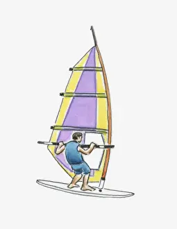Water Sport Prints: Illustration of windsurfer on surfboard