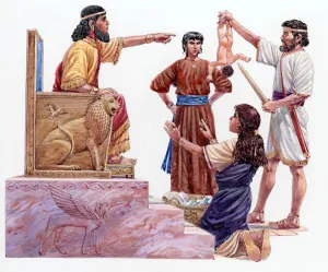 Images Dated 7th November 2008: Illustration of wise King Solomon sitting on throne pointing at naked baby held upside down by man