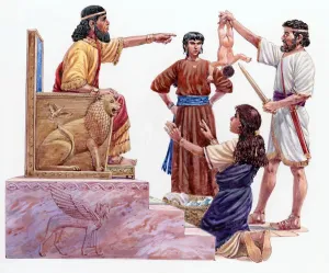 Mid Adult Prints: Illustration of wise King Solomon sitting on throne pointing at naked baby held upside down by man holding sword during