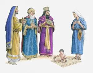 Senior Men Prints: Illustration of the three wise men bearing gifts see Jesus in Marys house