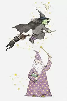 Magic Wand Gallery: Illustration of wizard, witch on broomstick and black cat hanging onto the end of the broom