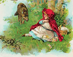 Illustration of Wolf Approaching Little Red Riding Hood